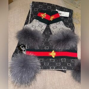 Mitchie's Wool Scarf Embroidered Bee Pom Poms Reversible w/Fingerless Gloves